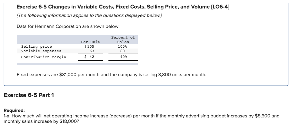  Exercise 6-5 Changes in Variable Costs, Fixed Costs, Selling Price, and