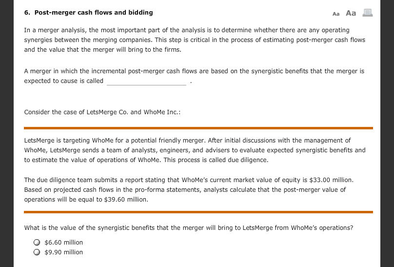  6. Post-merger cash flows and bidding Aa Aa E In a