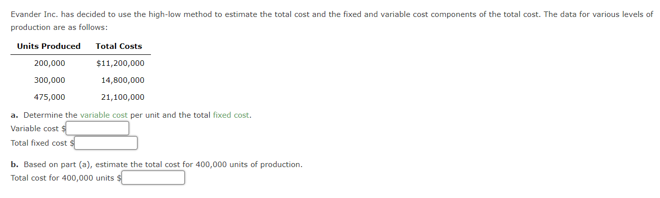Evander Inc. has decided to use the high-low method to estimate
