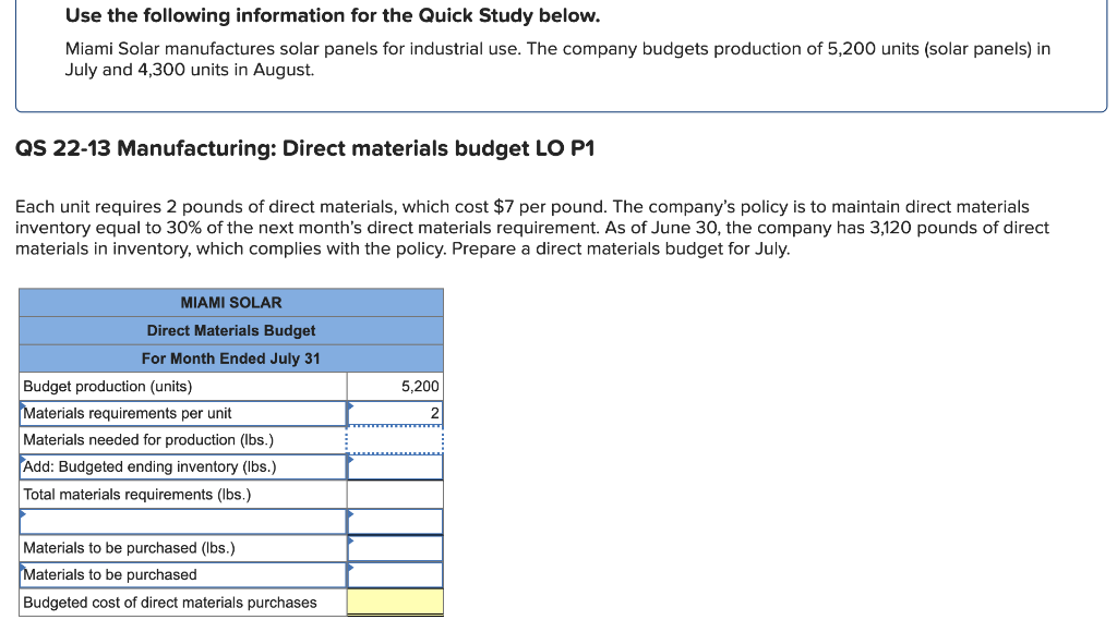  Use the following information for the Quick Study below. Miami Solar