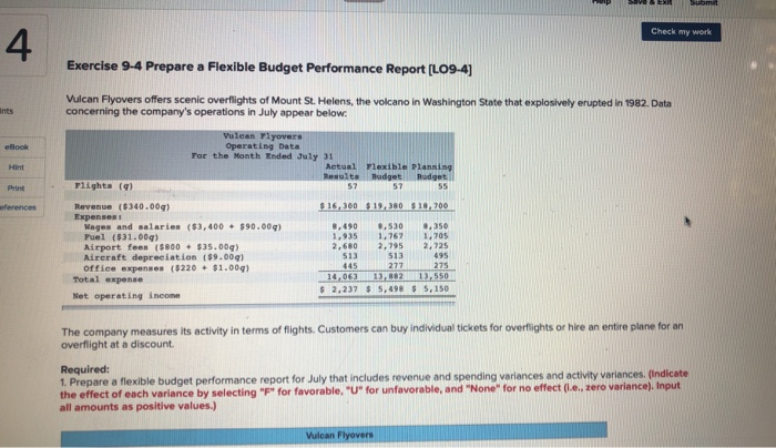  Submit 4 Check my work Exercise 9-4 Prepare Flexible Budget Performance