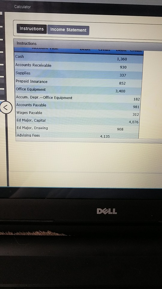 for Major Advising below, prepare an income statement. Major Advising Work Sheet