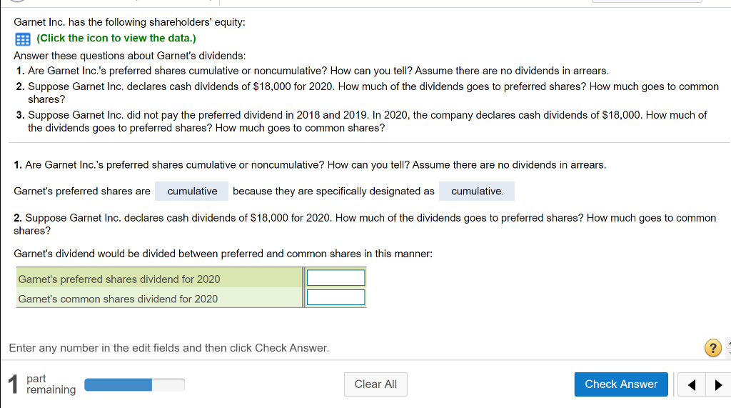Garnet Inc. has the following shareholders' equity: E (Click the icon