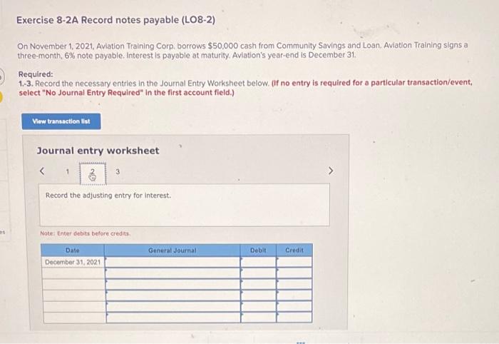 Training Corp. borrows $50,000 cash from Community Savings and Loan. Aviation Training
