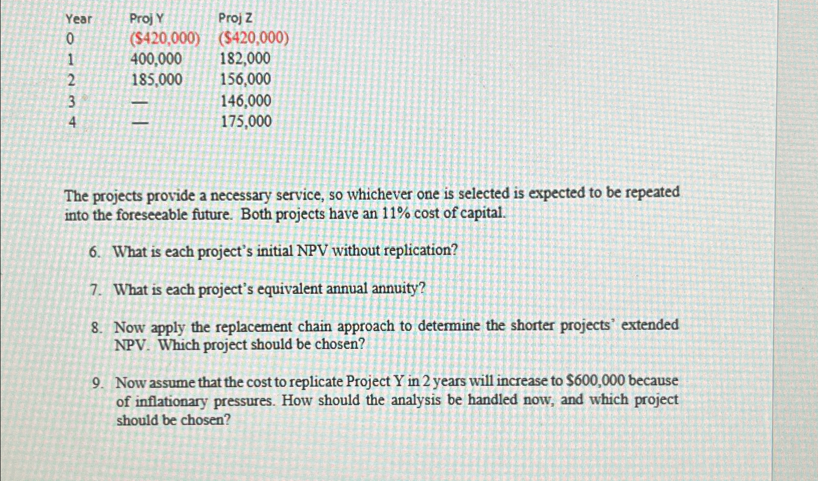 \table[[Year,Proj Y,Proj Z],[0,($420,000),($420,000) PLEASE DO IT IN EXCEL USING FORMULAS 