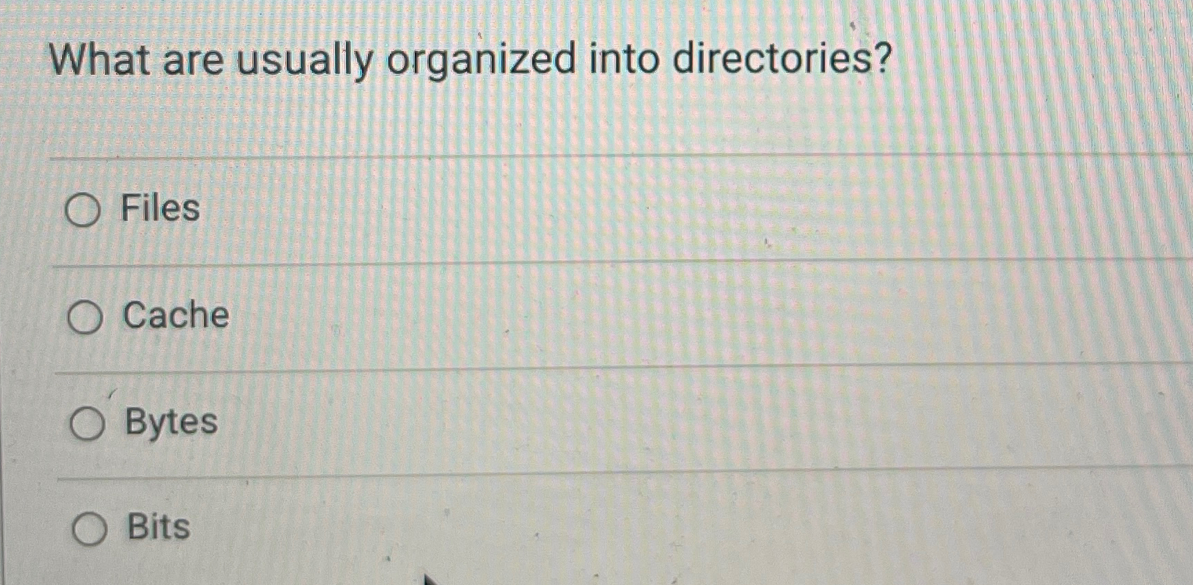  What are usually organized into directories? Files Cache Bytes Bits 