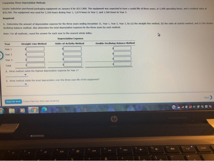 Comparing Three Depreciation Methods Dexter industries purchased packaging equipment on January 8