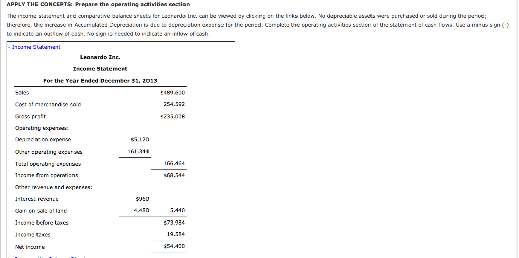 APPLY THE CONCEPTS: Prepare the operating activities section The income statement