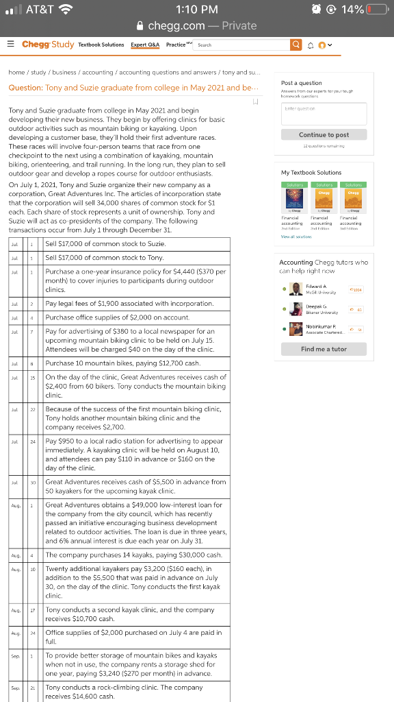 Tony conducts a second kayak clinic, and the company receives $10,700 cash.