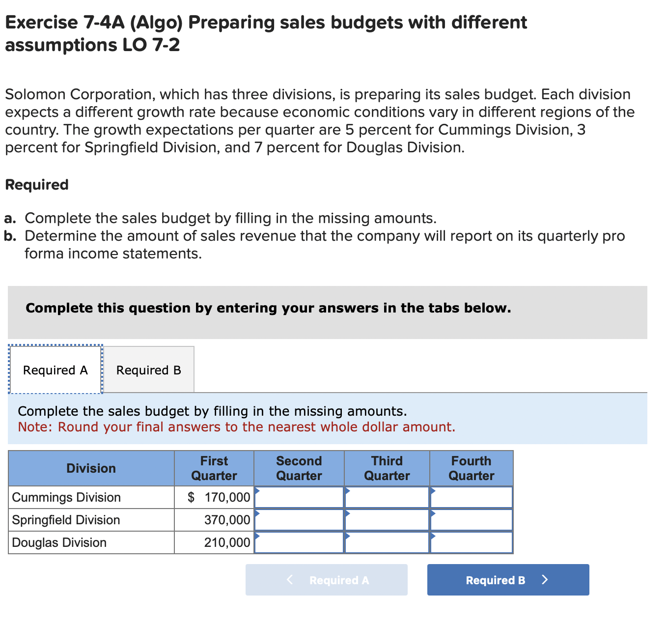 Exercise 7-4A (Algo) Preparing sales budgets with different assumptions LO 7-2