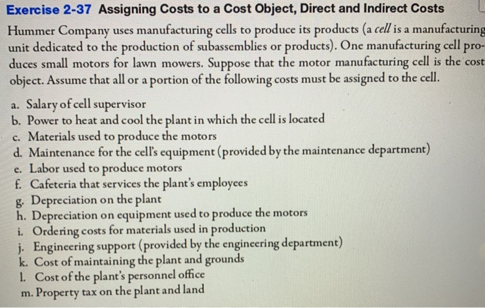  Exercise 2-37 Assigning Costs to a Cost Object, Direct and Indirect