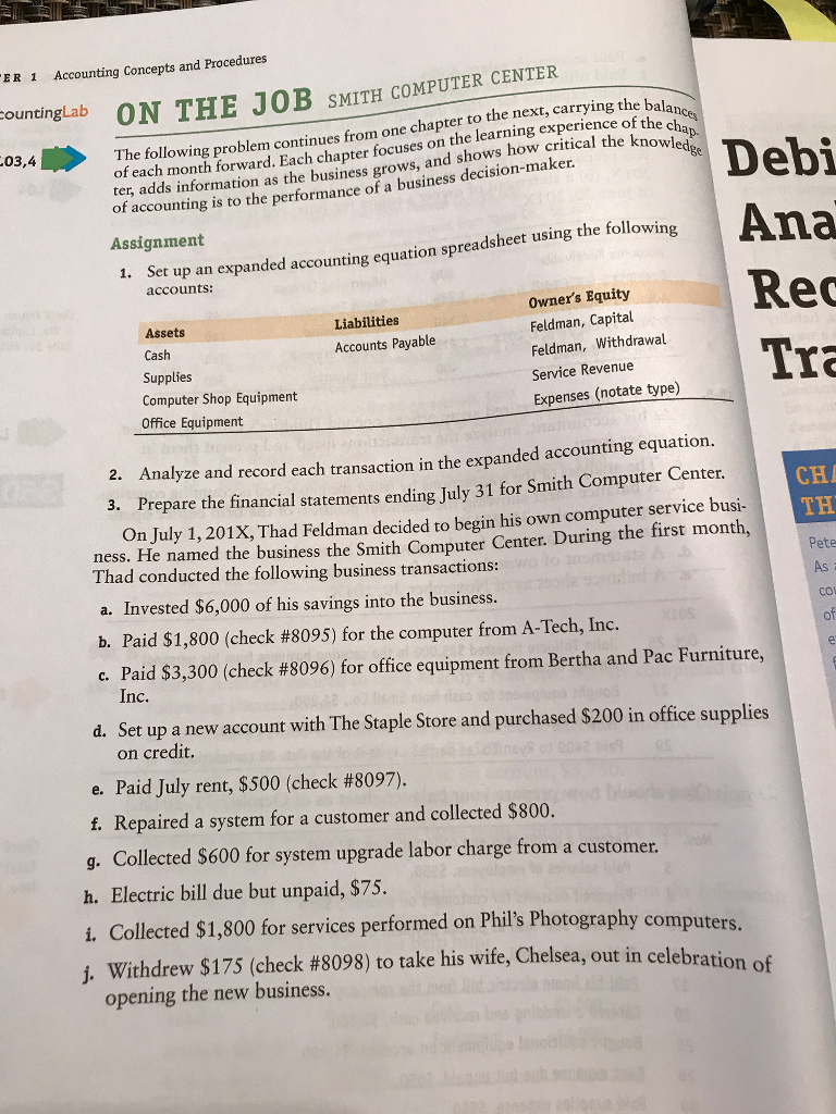 Set up an expanded accounting equation spreadsheer using the following accounts: