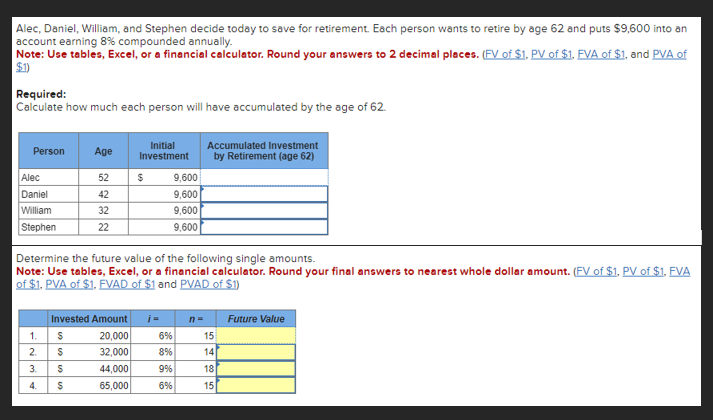  Alec, Daniel, William, and Stephen decide today to save for retirement.