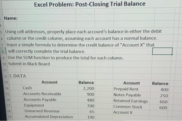 need help with formulas Excel Problem: Post-Closing Trial Balance Name: Using cell
