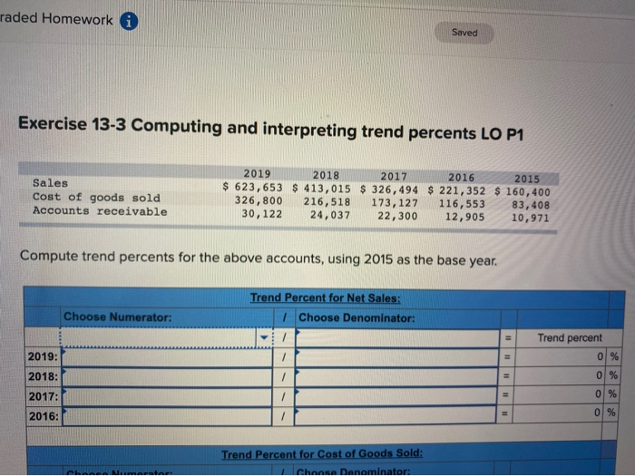  raded Homework a Saved Exercise 13-3 Computing and interpreting trend percents