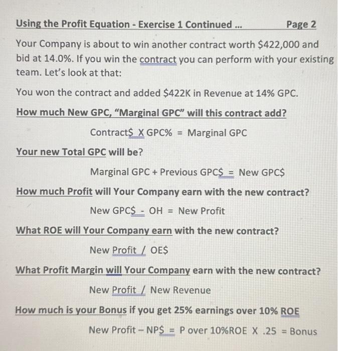  Using the Profit Equation - Exercise 1 Continued ... Page 2