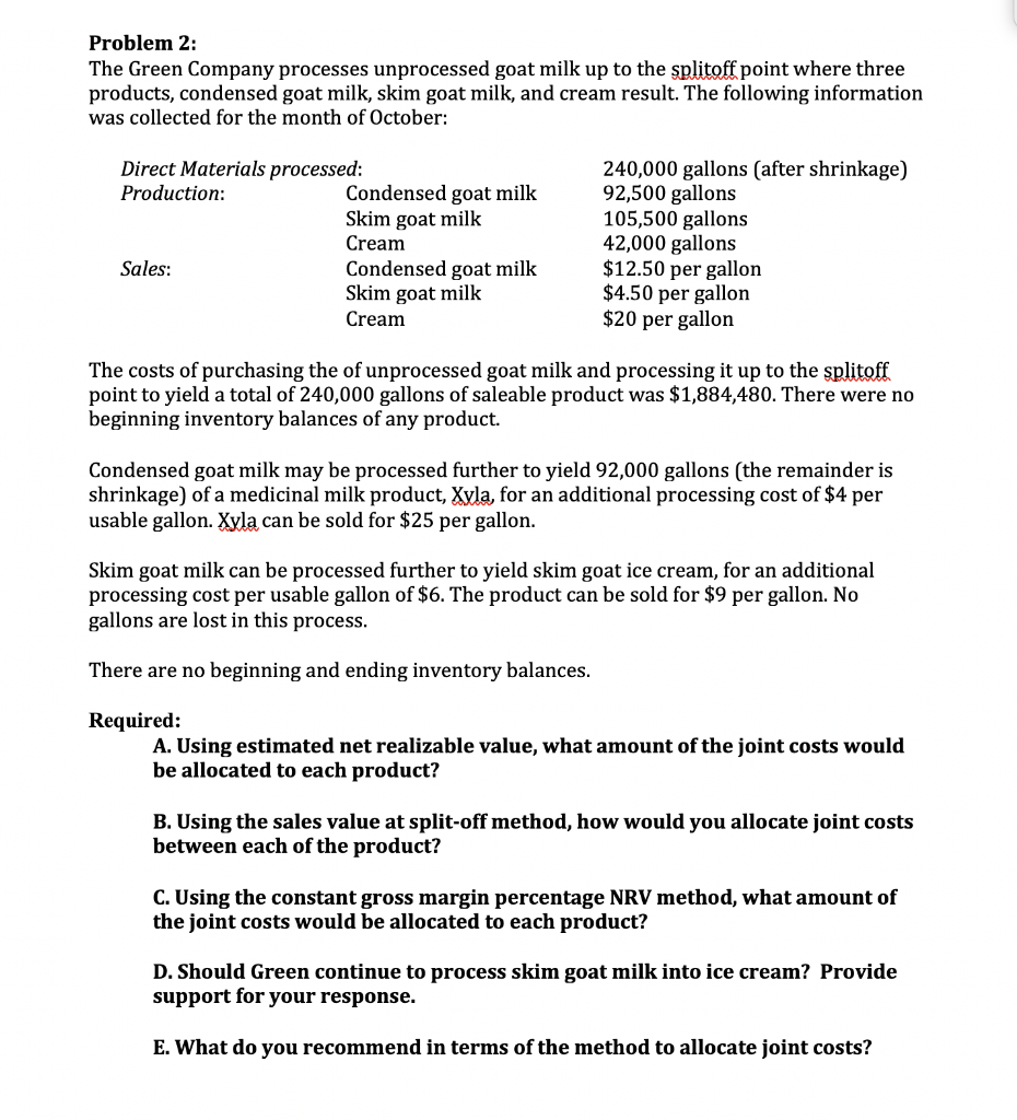 Problem 2: The Green Company processes unprocessed goat milk up to