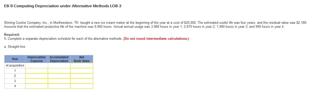 E8-9 Computing Depreciation under Alternative Methods L08-3 Shining Cookie Company, Inc.