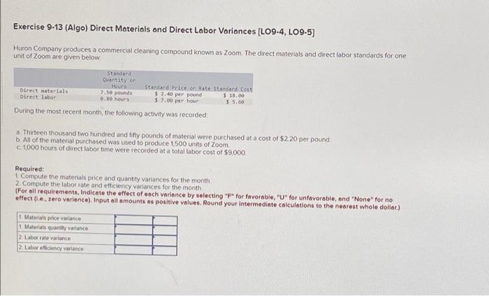 accounting homework help Exercise 9-13 (Algo) Direct Materials and Direct Labor Variances