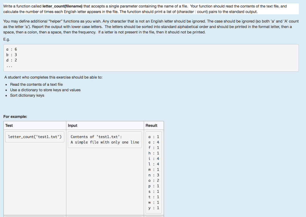  Write a function called letter_count(filename) that accepts a single parameter containing