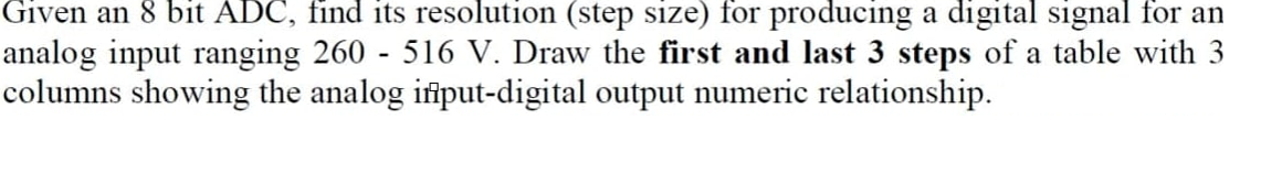 Given an 8 bit ADC, find its resolution (step size) for