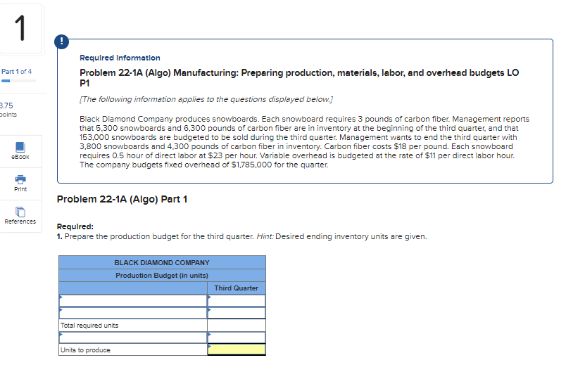 Requlred Information Problem 22-1A (Algo) Manufacturing: Preparing production, materials, labor, and