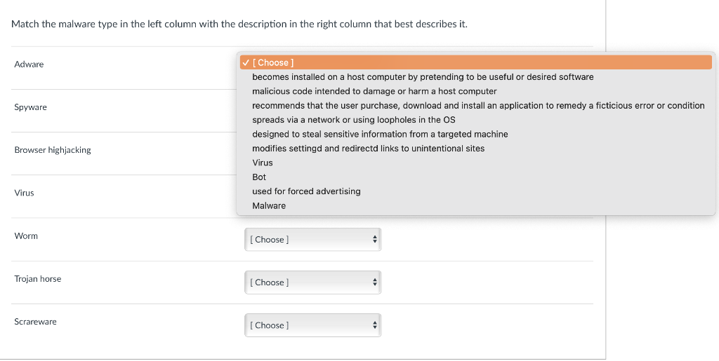  Match the malware type in the left column with the description