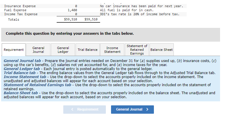 to the Trial Balance tab. Prepare the adjusting journal entries for the