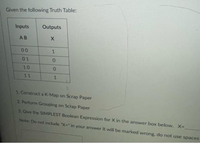  Given the following Truth Table: 1. Construct a K-Map on Scrap
