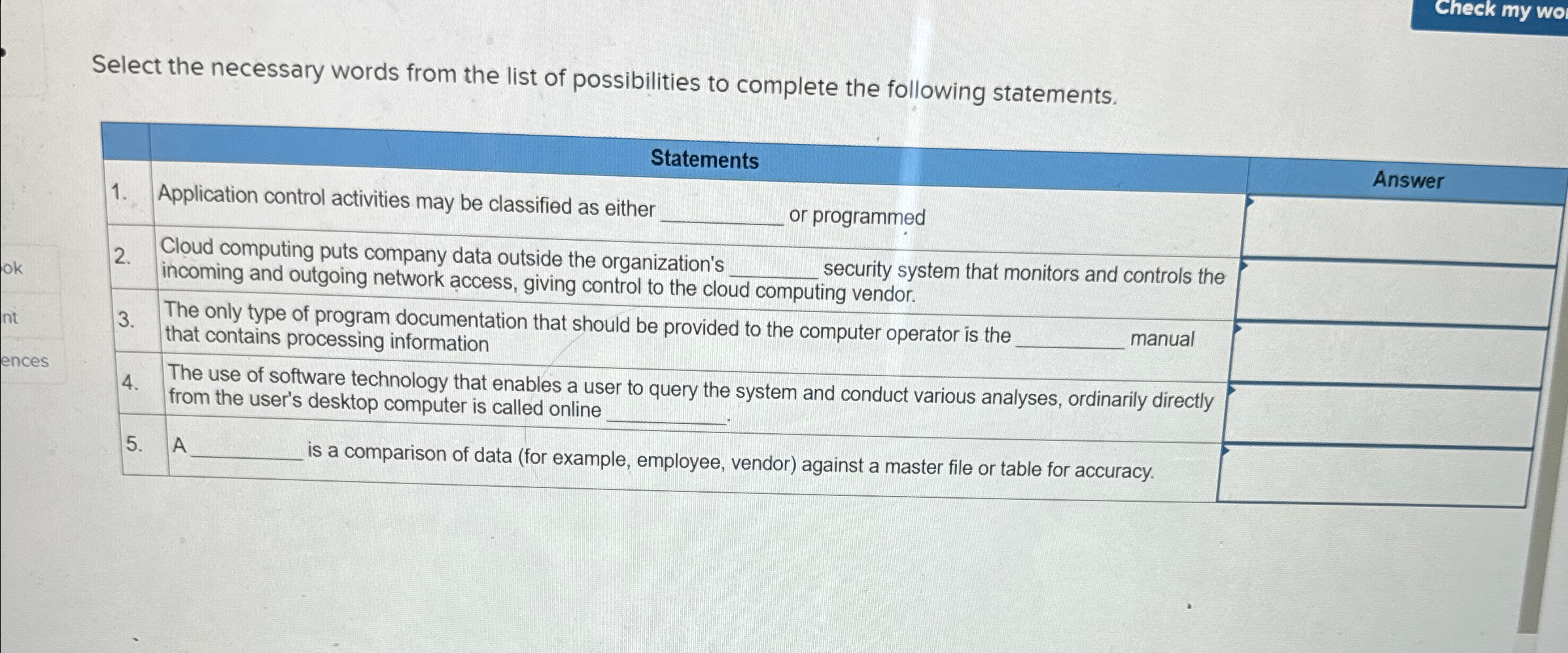  \end{tabular} & \ \hline 5. & A ___ is a comparison