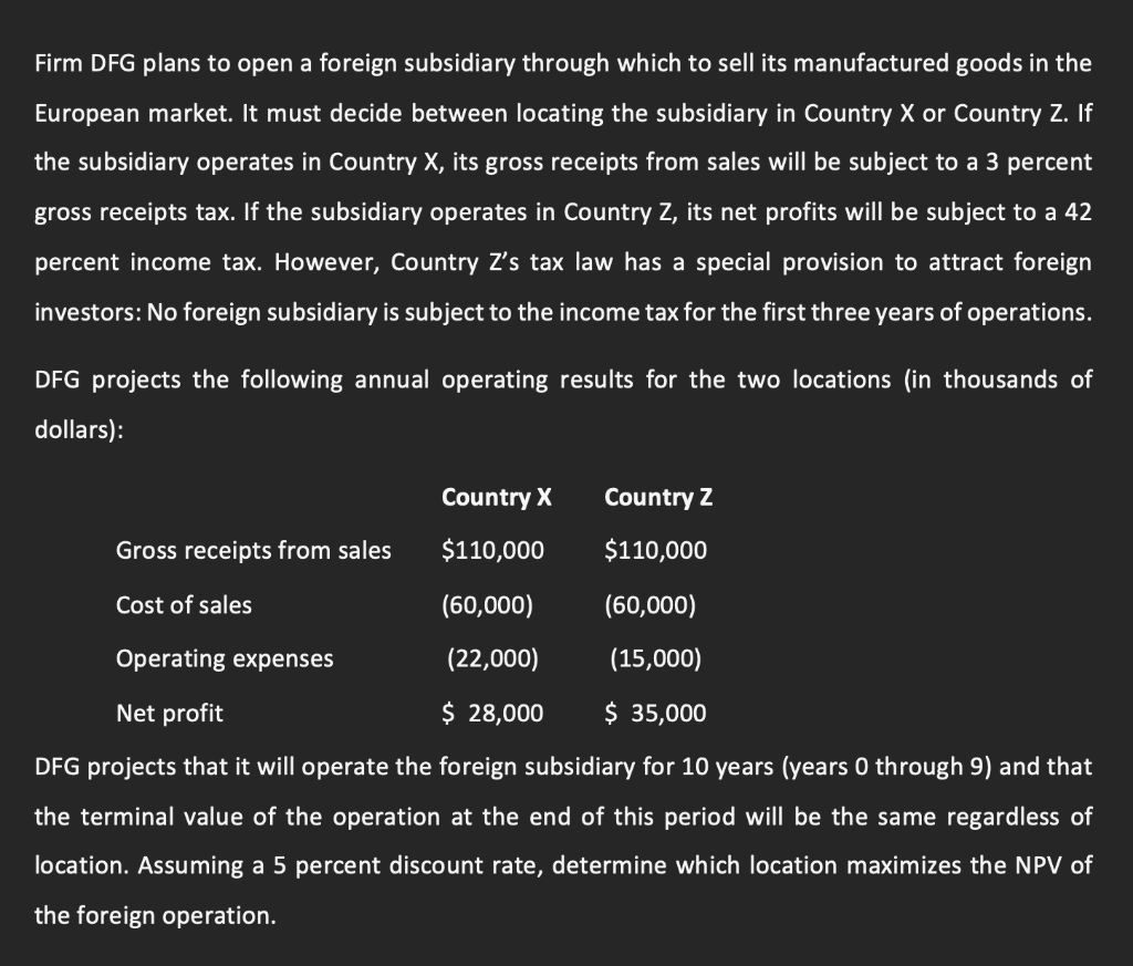  Firm DFG plans to open a foreign subsidiary through which to