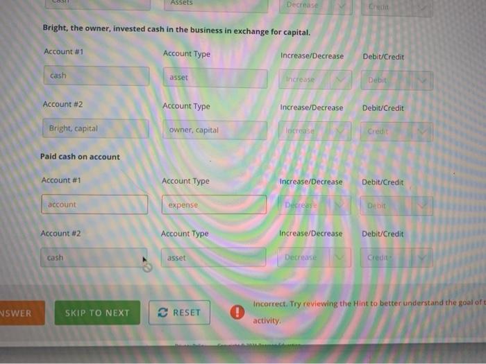  Assets Decrease Bright, the owner, invested cash in the business in