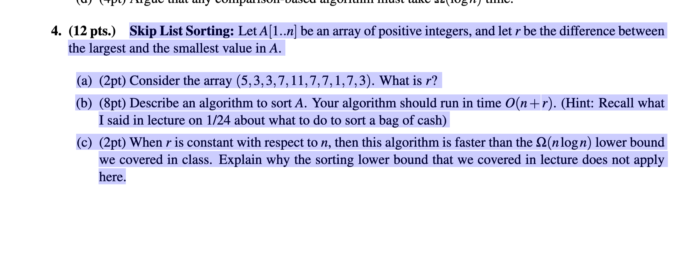 Skip List Sorting: Let A[1..n] be an array of positive integers, and