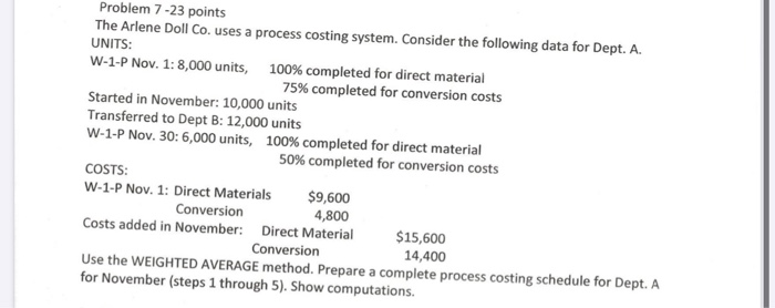  Problem 7-23 points The Arlene Doll Co. uses a process costing
