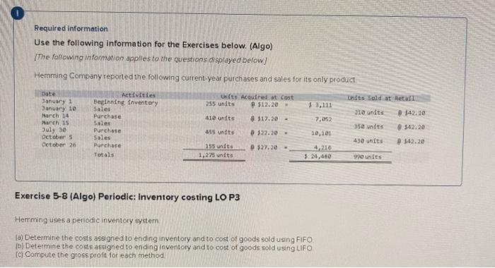please help answer Required information Use the following information for the Exercises