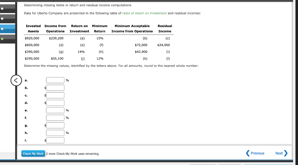  Determining missing items in return and residual income computations Data for