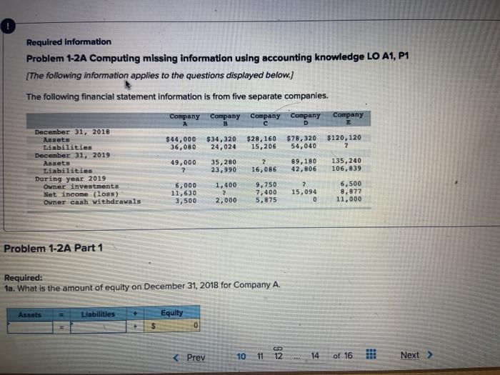  Required information Problem 1-2A Computing missing information using accounting knowledge LO