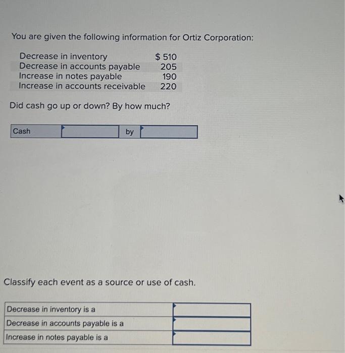  You are given the following information for Ortiz Corporation: Decrease in
