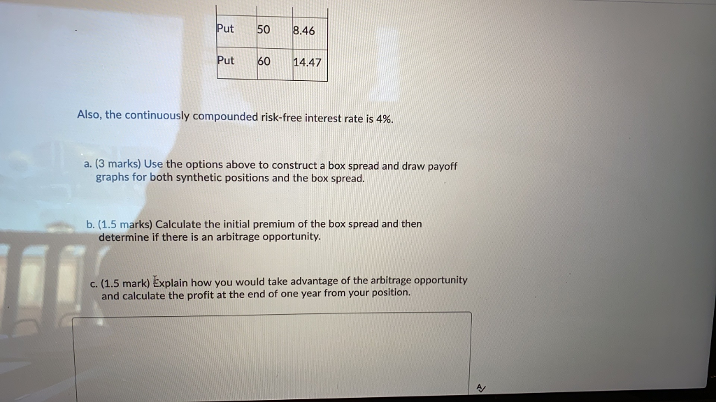 identify an arbitrage opportunity. You notice the following 1-year options available in