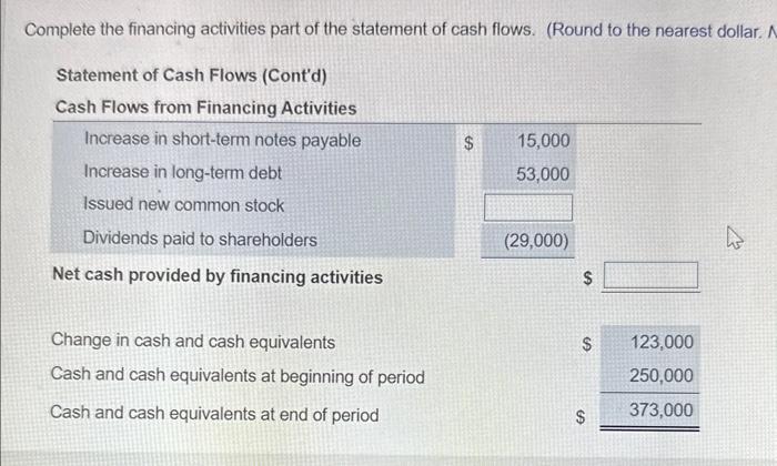  Please help with the two blank answers Complete the financing activities