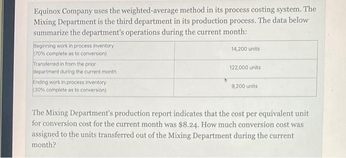  Equinox Company uses the weighted average method in its process costing