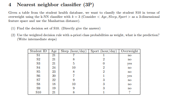  4 Nearest neighbor classifier (3P) Given a table from the student