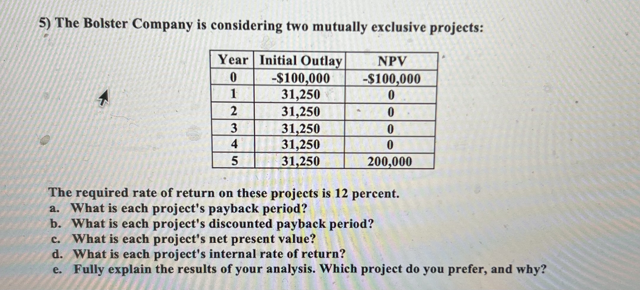  The Bolster Company is considering two mutually exclusive projects: \table[[Year,Initial Outlay,NPV],[0,-$100,000,-$100,000