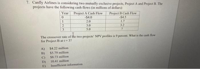  7. Canfly Airlines is considering two mutually exclusive projects, Project A