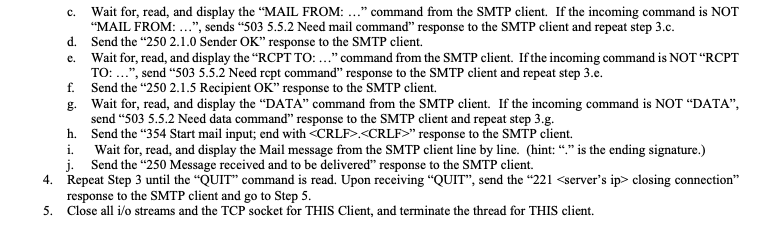 server program to implement the following simplified SMTP protocol based on TCP