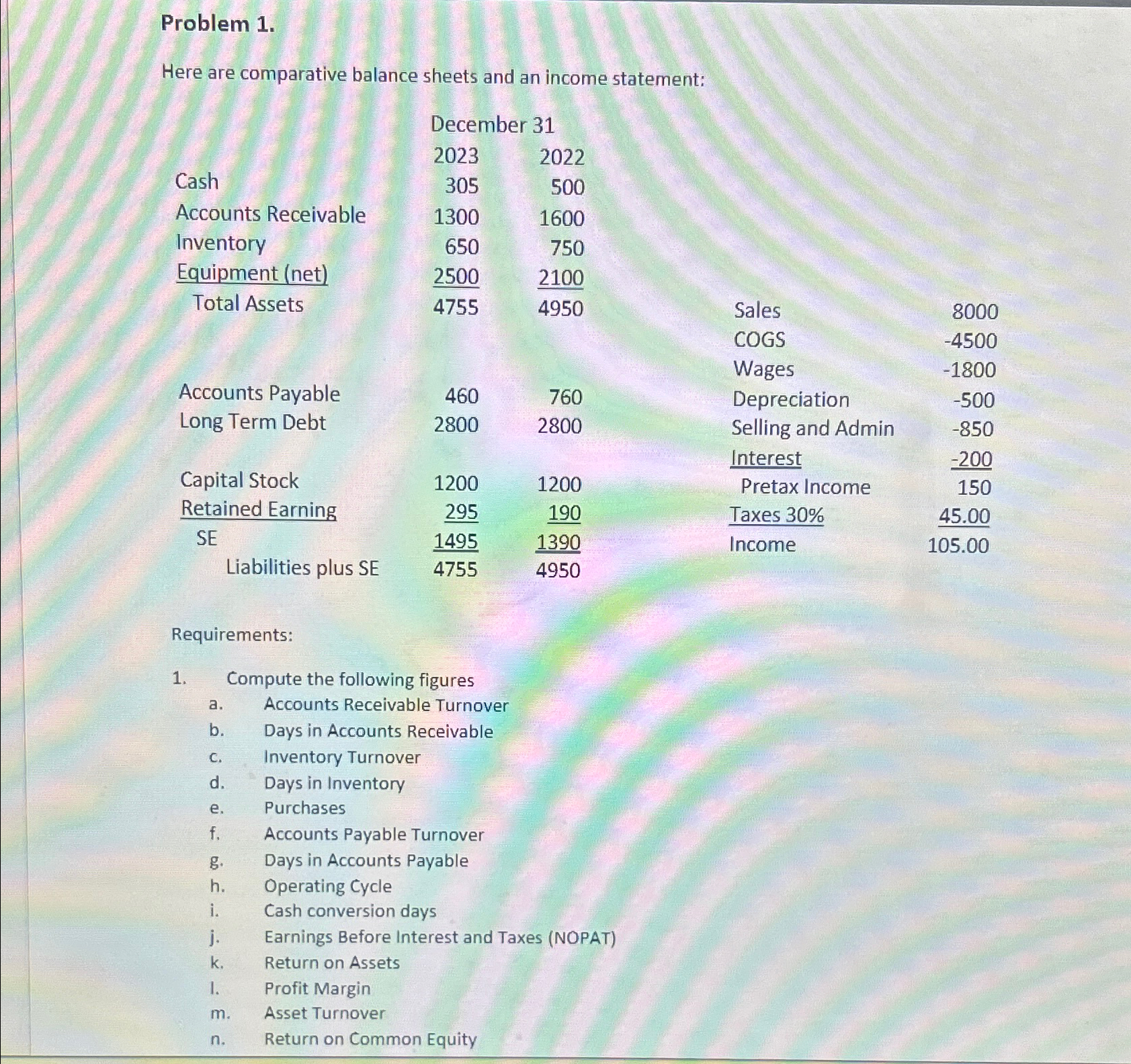  Problem 1. Here are comparative balance sheets and an income statement: