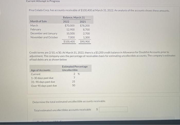  Current Attempt in Progress Pina Colada Corp. has accounts receivable of
