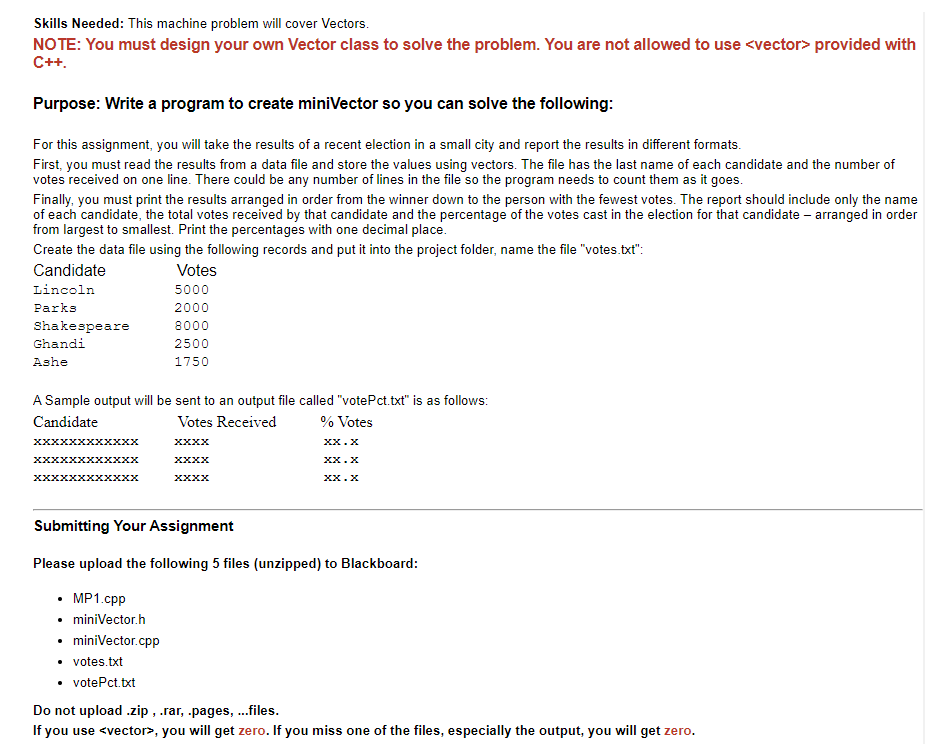  Skills Needed: This machine problem will cover Vectors. NOTE: You must