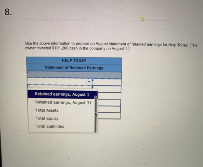the month of August. Cash Accounts receivable Office supplies Land Office equipment