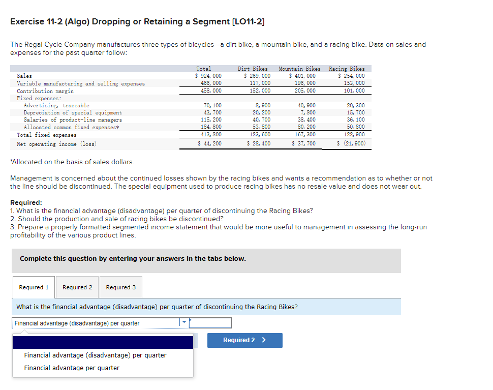  Exercise 11-2 (Algo) Dropping or Retaining a Segment (LO11-2] The Regal
